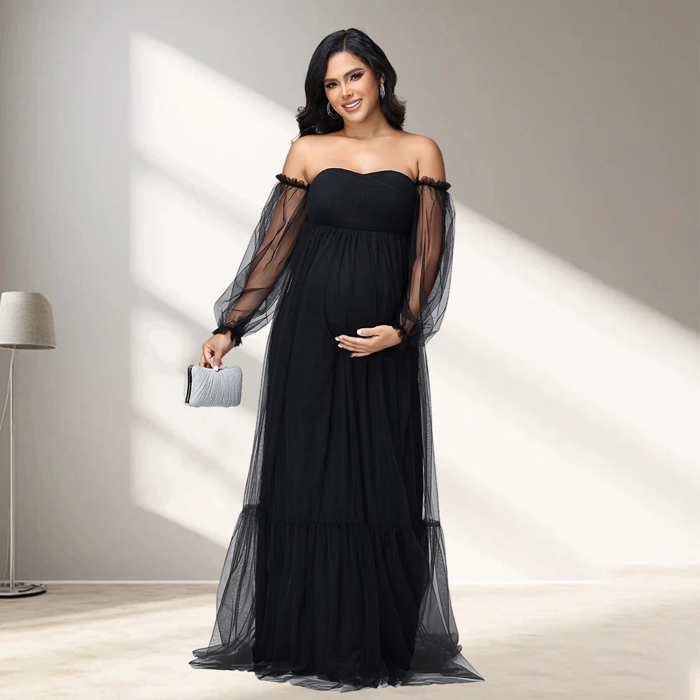 Women's Maternity Sweetheart Puff Sleeve Baby Shower Dress for Photoshoot Pregnant Tull Photography Party Gown