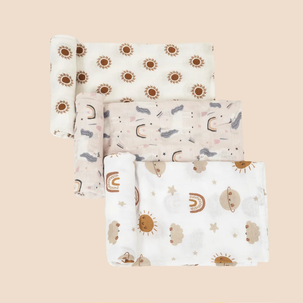 Elinfant Bamboo Cotton Muslin Swaddle Blanket 3 Piece Set Newborn Swaddle Wrap Nursing Cover