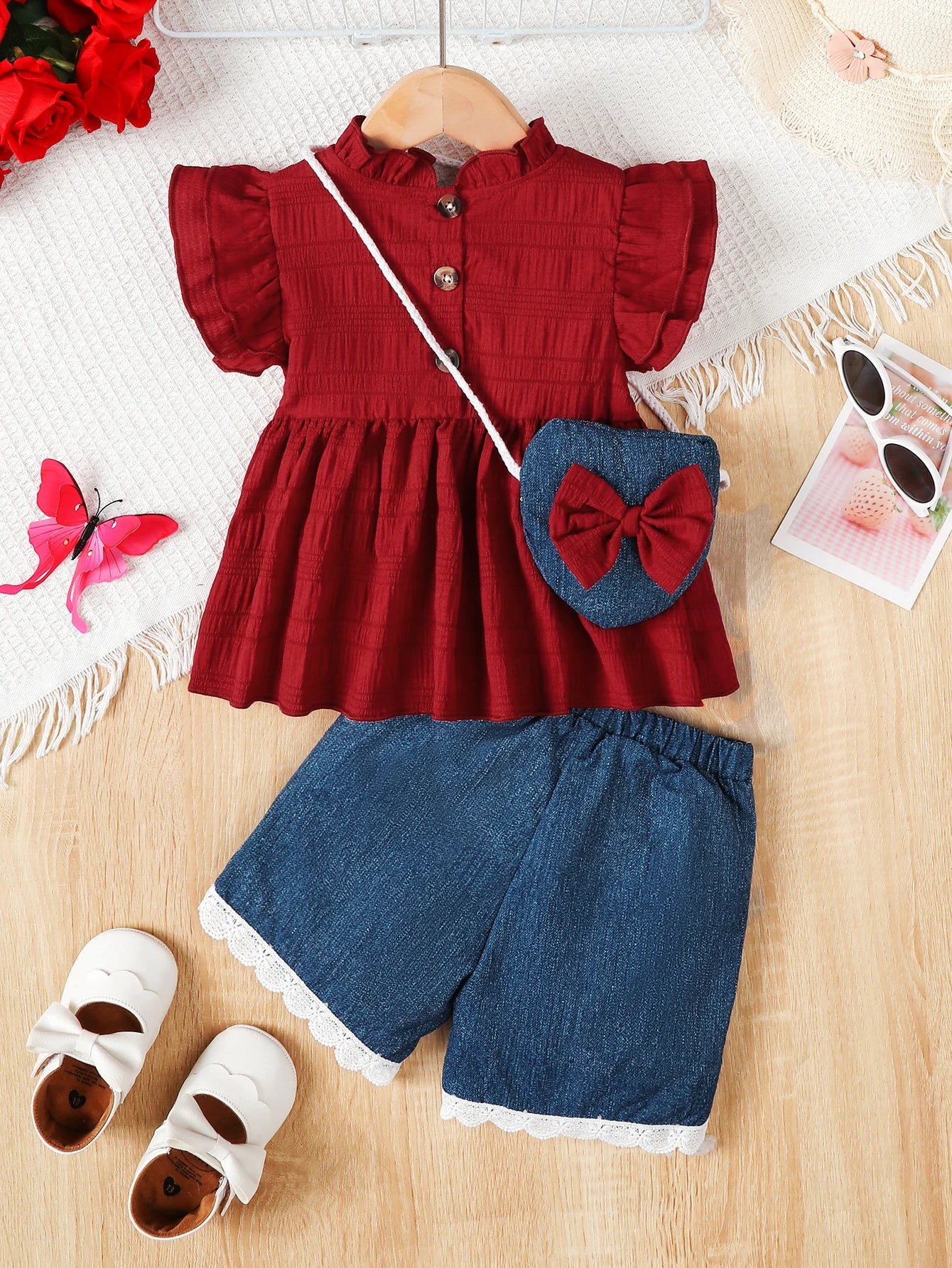 3Pcs Baby girl Set with Flying sleeves and Ruffled Tops, Blue Shorts, and mini bags. 0-3 Year old Baby girl Summer Fashion Set