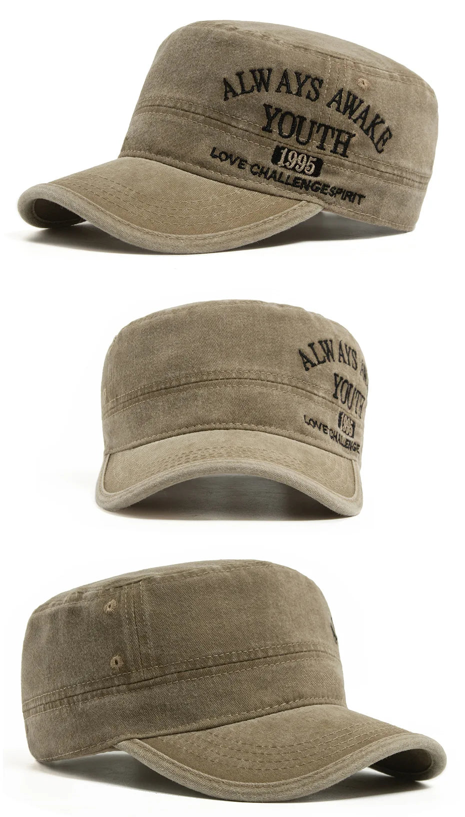 Washed Embroidered Letter Military Cap Vintage American Style Men's Flat Top Hat Sunshade Outdoor Casual Hat for Women Summer