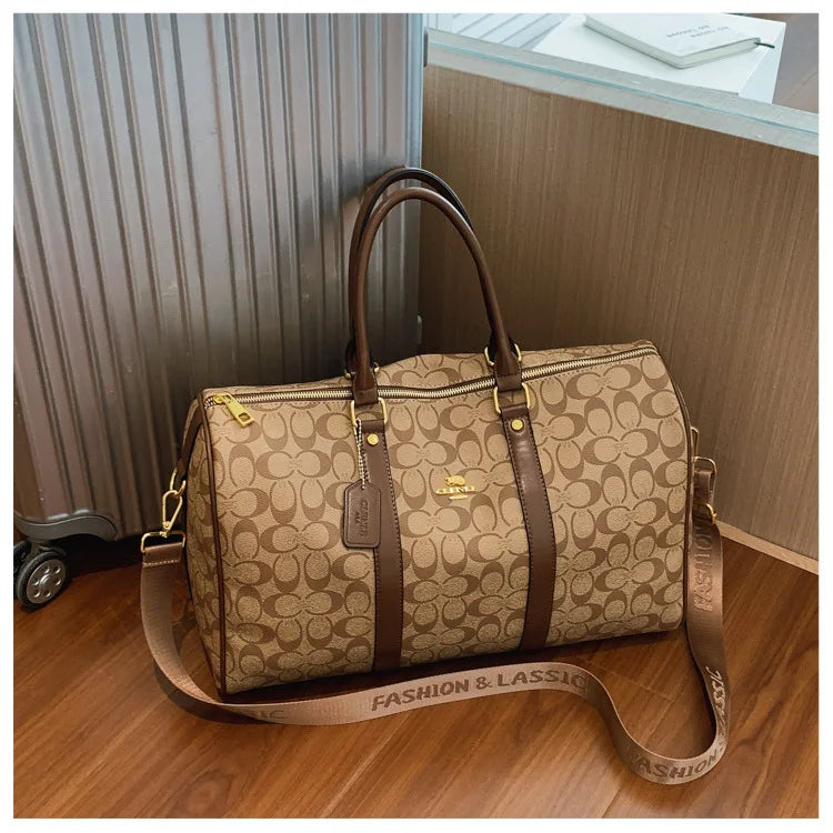 Classic Vintage Monogram Travel Duffle Bag, Trendy Versatile Overnight Weekender Bag with Top Handles & Adjustable Strap