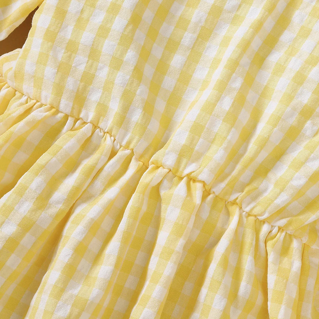 0-3 Year Cute Baby girl Dress Lace Border Doll Collar Yellow Checkered Dress for Toddlers Autumn Dress for Outdoor activities