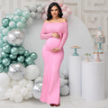 Maternity Mesh Off Shoulder Long Sleeve Baby Shower Dress Bodycon Mermaid Hem Party Evening Gown for Photoshoot
