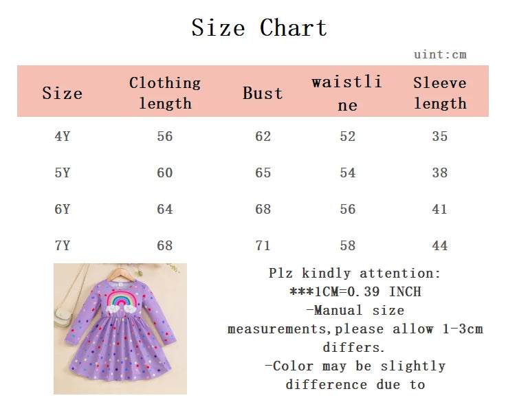 4-7 Year Children Girls Spring  Autumn Dress Rainbow Polka Dot Long sleeves Dress Girl  Fashionable Clothing