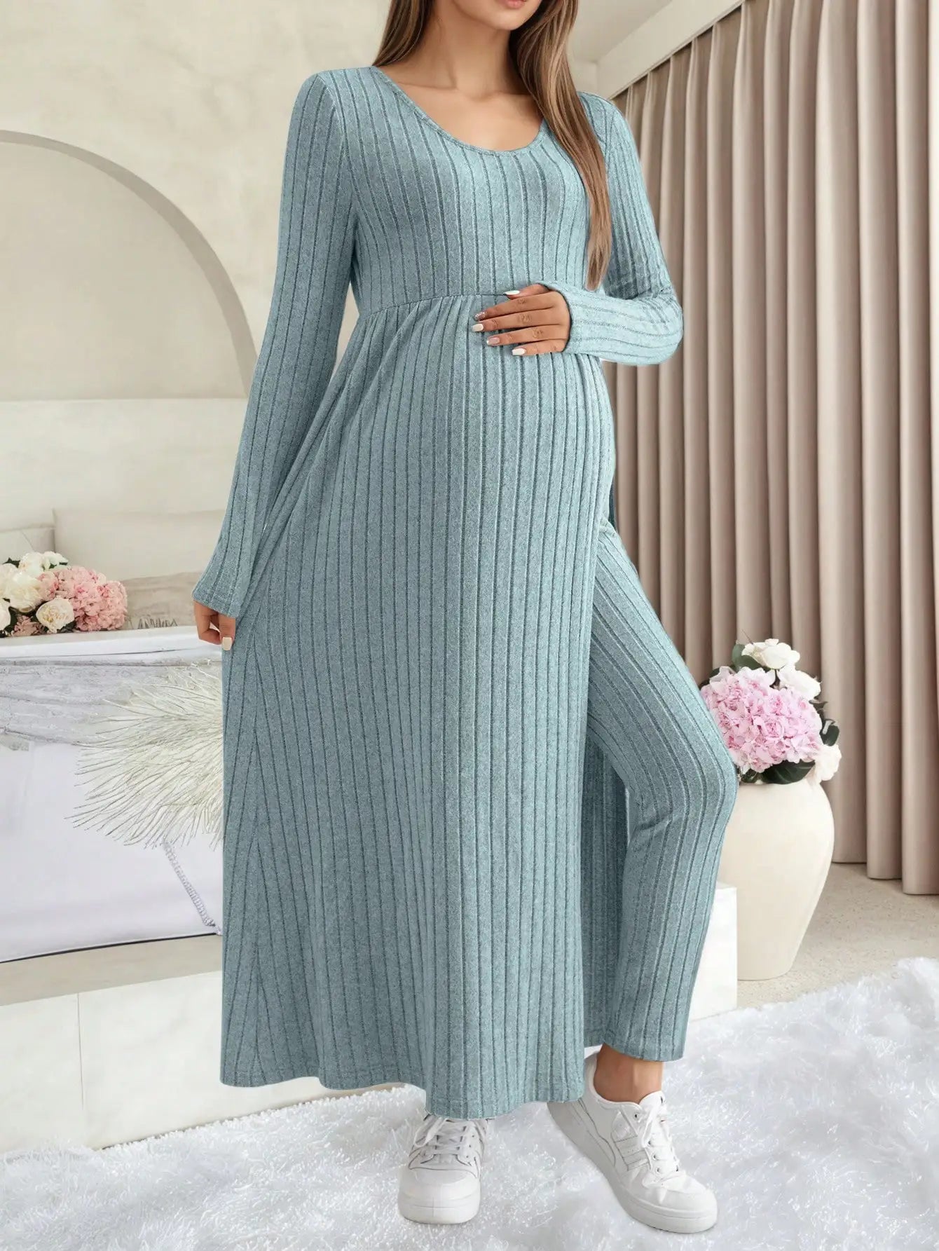 Maternity Women's Two Piece Sets and Outfits Long Sleeve Soft Ribbed Longline Casual Home Lounge Pants Set