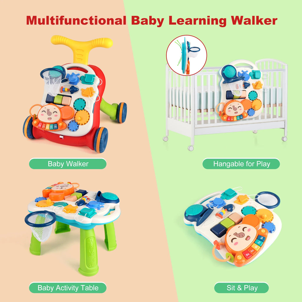 Cartoon Baby Push Walker Toy with Music Drawing Board Multifunction Activity Toddler Walker Learning Walk for 6M+ Infant