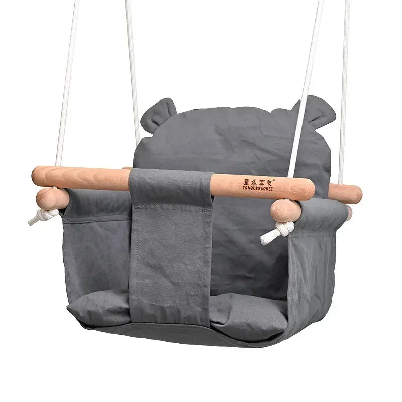 Beige Canvas and Wood Baby Swing Chair - Indoor Outdoor Hanging Toy