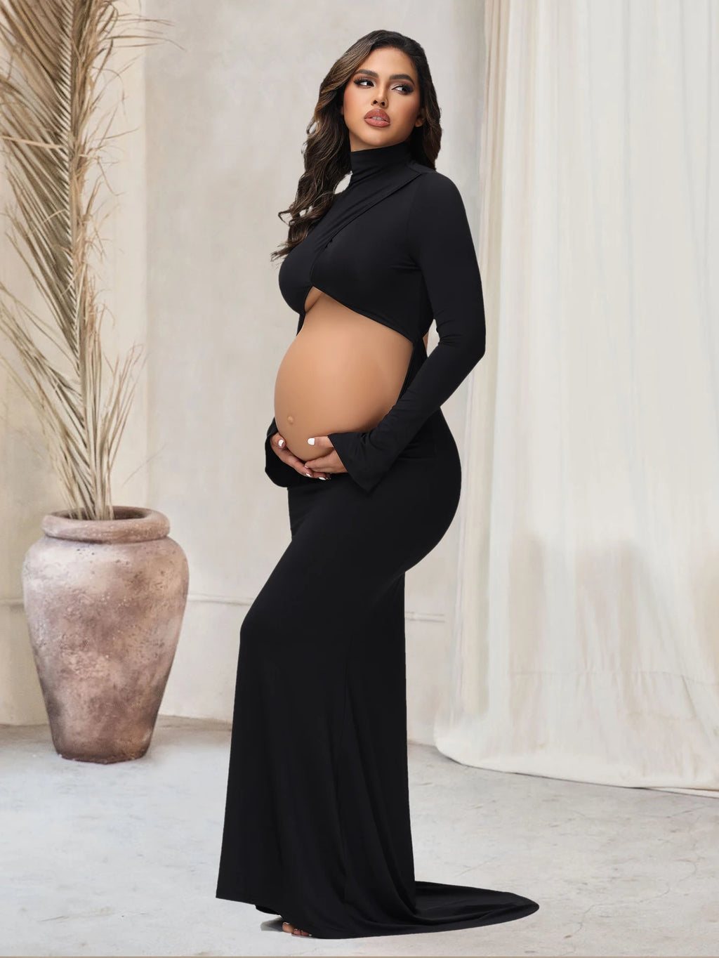 Pregnancy Dress Photography Props Maxi Gown Turtleneck Full Sleeve Cut Out Belly Bodycon Maternity PhotoShoot For Baby Shower