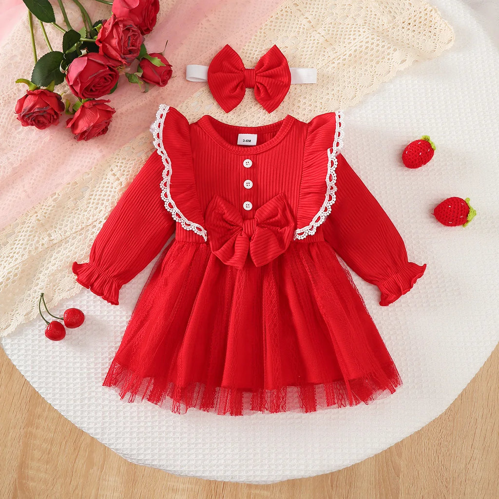 Baby girl Valentine's Day Dress Ruffled Chiffon Fashionable Dress+Bow 2Pcs for Baby girl 0-24 Months in Spring and Autumn Dress