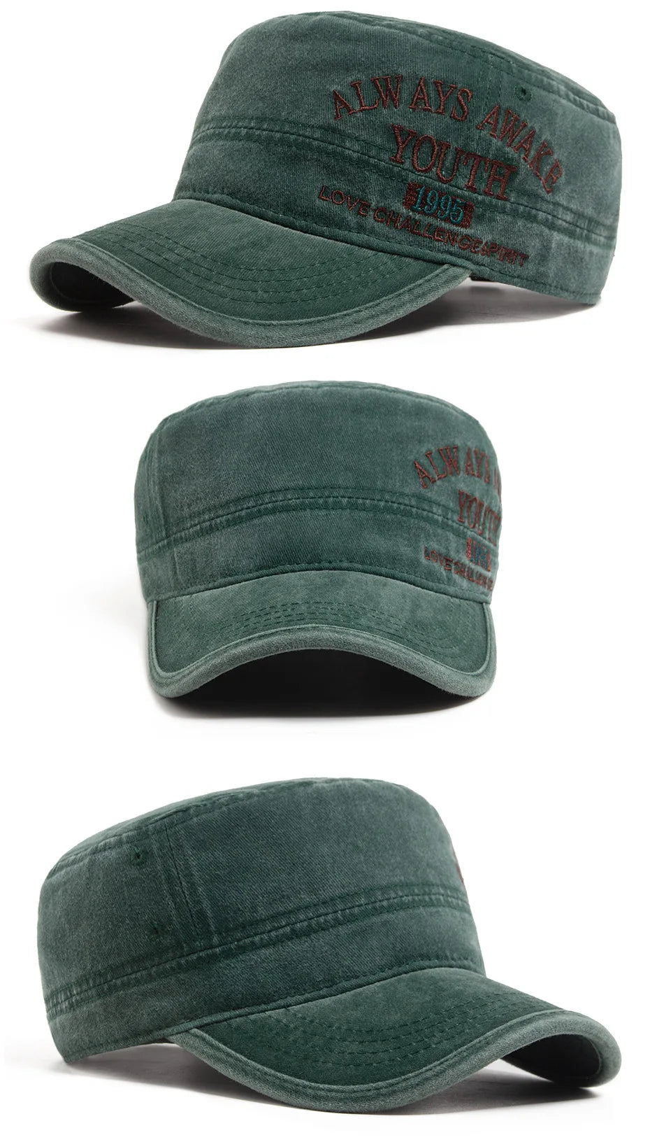 Washed Embroidered Letter Military Cap Vintage American Style Men's Flat Top Hat Sunshade Outdoor Casual Hat for Women Summer