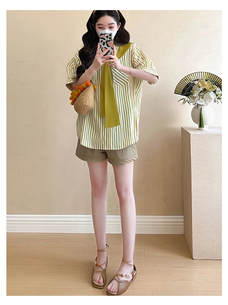 2025 Summer Maternity Pink Shirts Puff Sleeve O-neck Bowknot Hollow Out Backside Pregnant Woman Blouses Sweet Pregnancy Top Tees