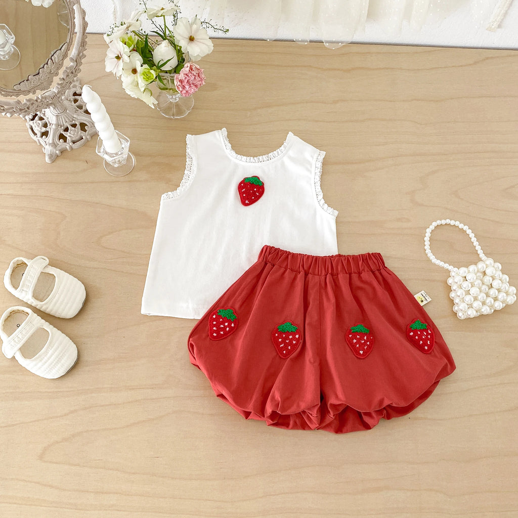 Summer Two-Piece Set for Baby Girls: Strawberry-Themed Vest and T-Shirt with Blooming Flower Pants, Stylish and Trendy