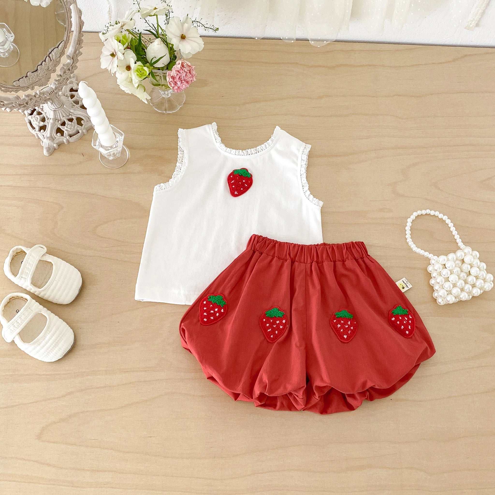 Summer Two-Piece Set for Baby Girls: Strawberry-Themed Vest and T-Shirt with Blooming Flower Pants, Stylish and Trendy