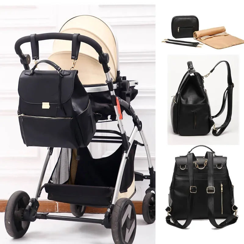 Waterproof Diaper Bag for Mommy Maternal PU Leather Nappy Backpack Baby Infant Organizer Changing Nursing Mom Pram Bag to Care