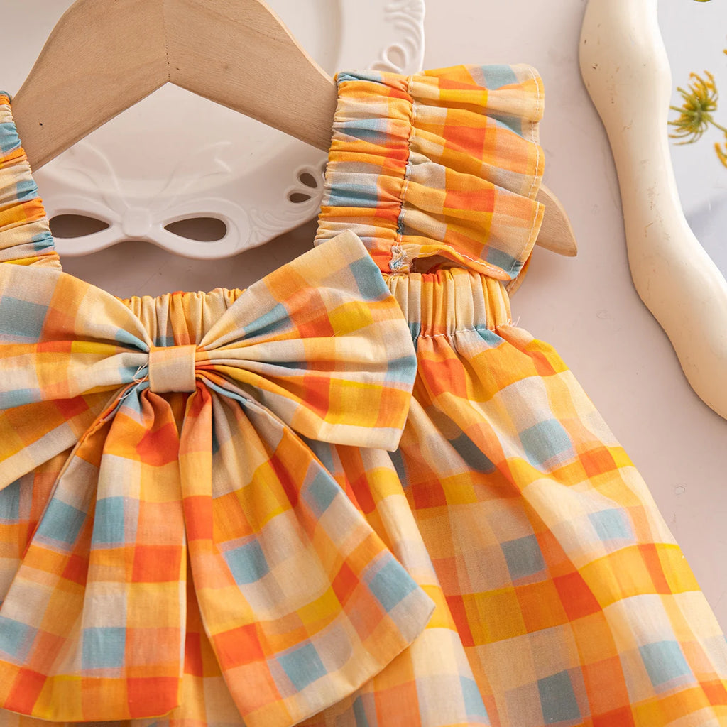 Korean Style Toddler Holiday Sets Summer Comfortable Cotton Orange Bow Plaid Suspender Tops And Breathable Baby Girl Shorts