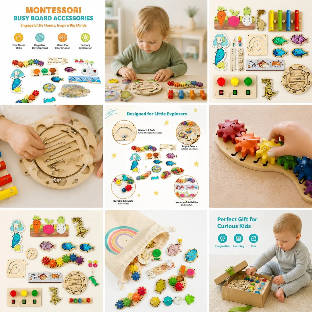 Montessori Busy Board Toddlers Wooden Sensory Activity  LED Switch Gears Maze Lacing  Fine Motor Skills Learning Set for Kids