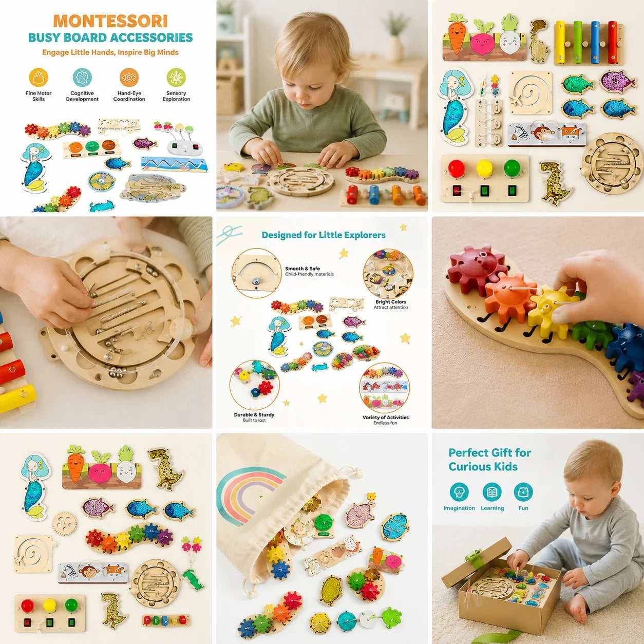 Montessori Busy Board Toddlers Wooden Sensory Activity  LED Switch Gears Maze Lacing  Fine Motor Skills Learning Set for Kids