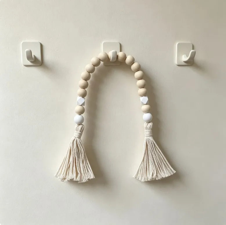 Nordic Wooden Bead Garland - White 75cm Tassel Wall Decor