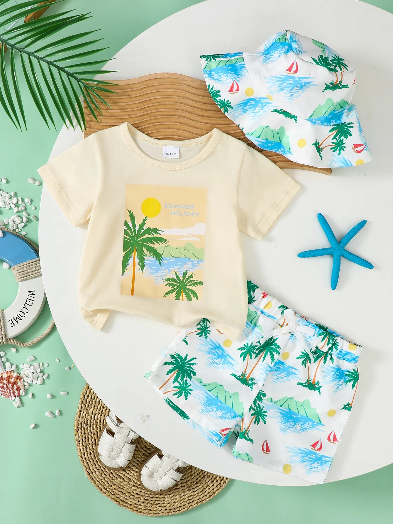0-3 Year Boys' Summer Vacation Set Coconut Tree Seaside Printed Short Sleeve+Shorts+Hat 3Pcs/Set Seaside Vacation Leisure Set