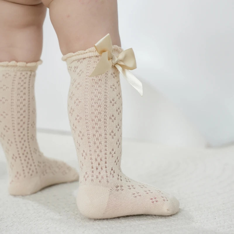 Baby Girls Knee High Socks Breathable Cutout Mesh Cute Bows Dress Socks Newborn Stockings for Clothing Accessories