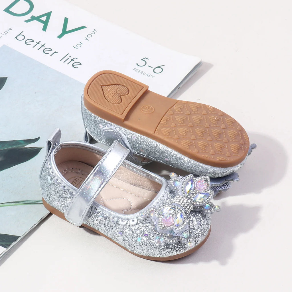 2025 Spring Bling-bling New Baby Girls' Crystal Princess Shoes For 0-3Y High Quality Soft TPR Sole Flat Girl's Leather Shoes