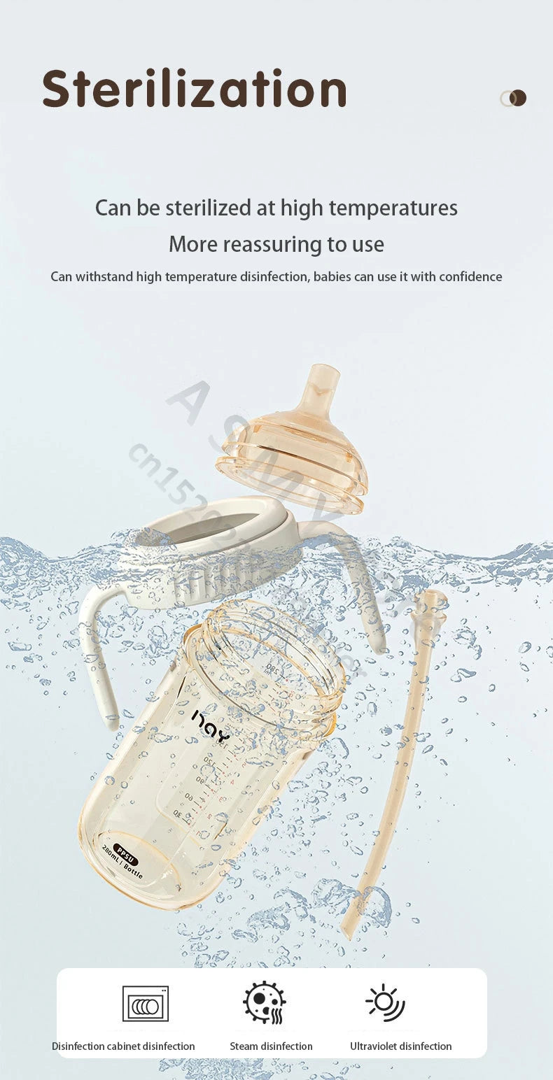 PPSU baby bottle, wide caliber, anti bloating and anti choking, baby learning drink cup, children's milk straw cup