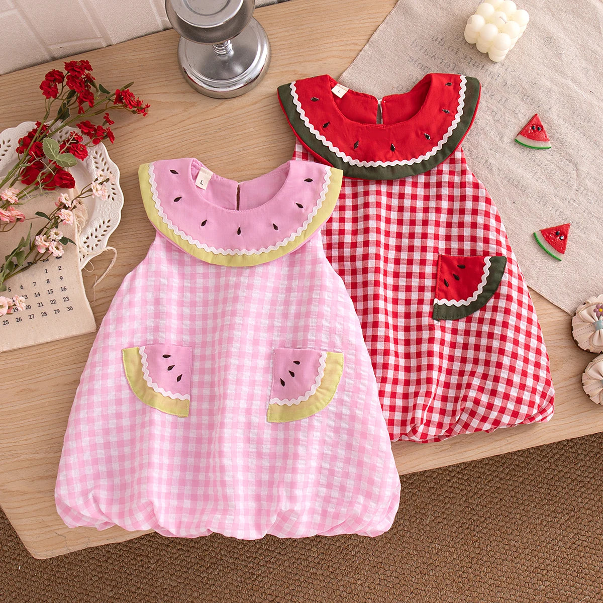 Baby Girl Dress Summer Cotton Solid Color Grid Watermelon Round Neck Sleeveless Girl Dress Cartoon Cute Beach Baby Girl Clothing