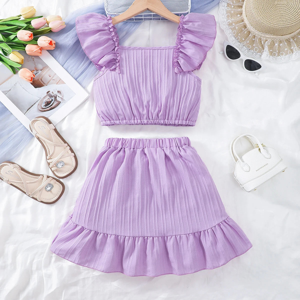 Children's Summer Set Flying Sleeve Solid color Top and Irregular Design Dress Fashion Set Suitable for Girls Aged 8-11 Years