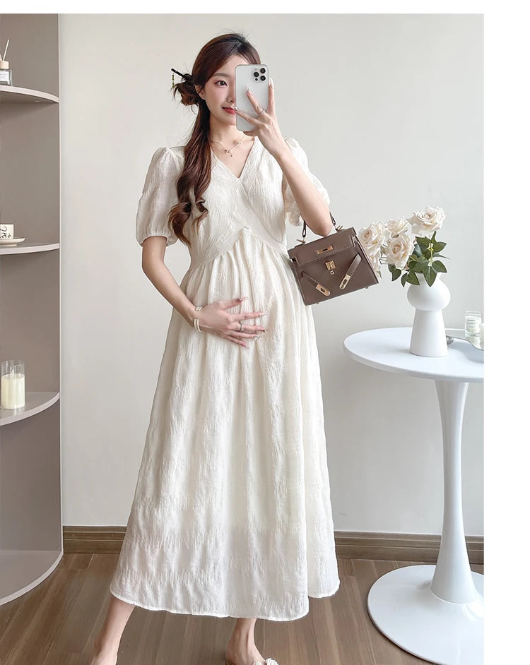 French Style Summer Maternity Pleated Dress High Waist V-neck Short Sleeve Pregnant Woman Elegant Dress Pregnancy Clothes Loose
