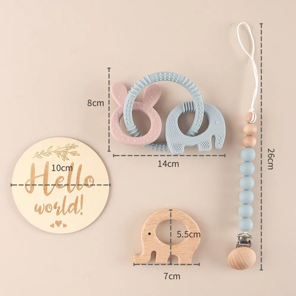 Baby Elephant & Bunny Teether Gift Set – 4 Piece Silicone Pacifier & Wooden Milestone Set