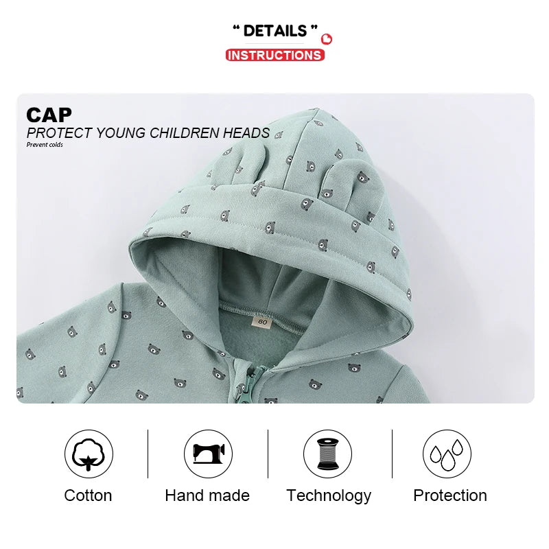 Winter Baby  Baby Unisex Long Sleeves Rompers Cartoon Cute Newborn Boy Girl Hooded Jumpsuits 0-18 Months Infant Zipper Clothes