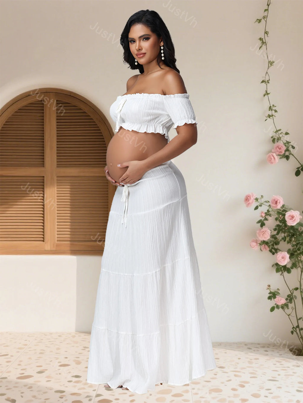 Maternity Photography Dress Sets 2Pc Sexy Ruffles Short Sleeves Tube Top T-shirt and Skirt Outfit for Photoshoot Baby Shower