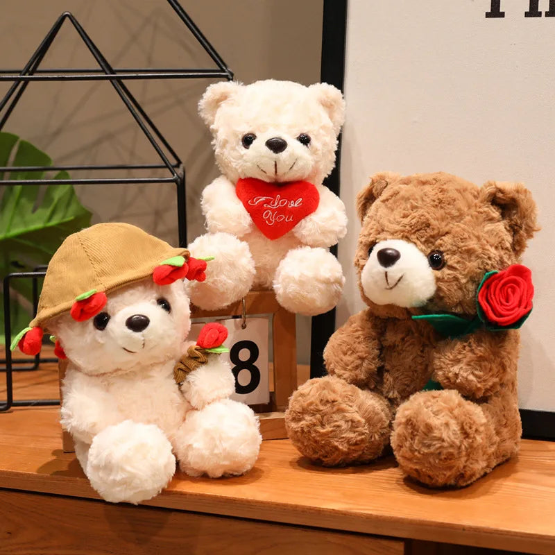 Wholesale Creative 16/25CM Bear Plush Toy Red Heart Romantic Rose Doll Soft Handmade Holding Flowers Bear Doll Home Decoration