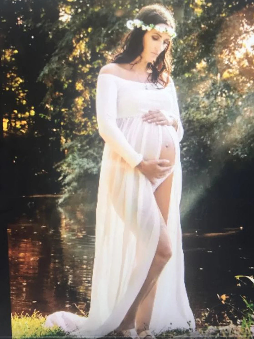 Maternity Sexy One Shoulder Front Slit Long Sleeved Dress for Pregnant Women Photo Photography Dress Ladies Dess Wedding Party