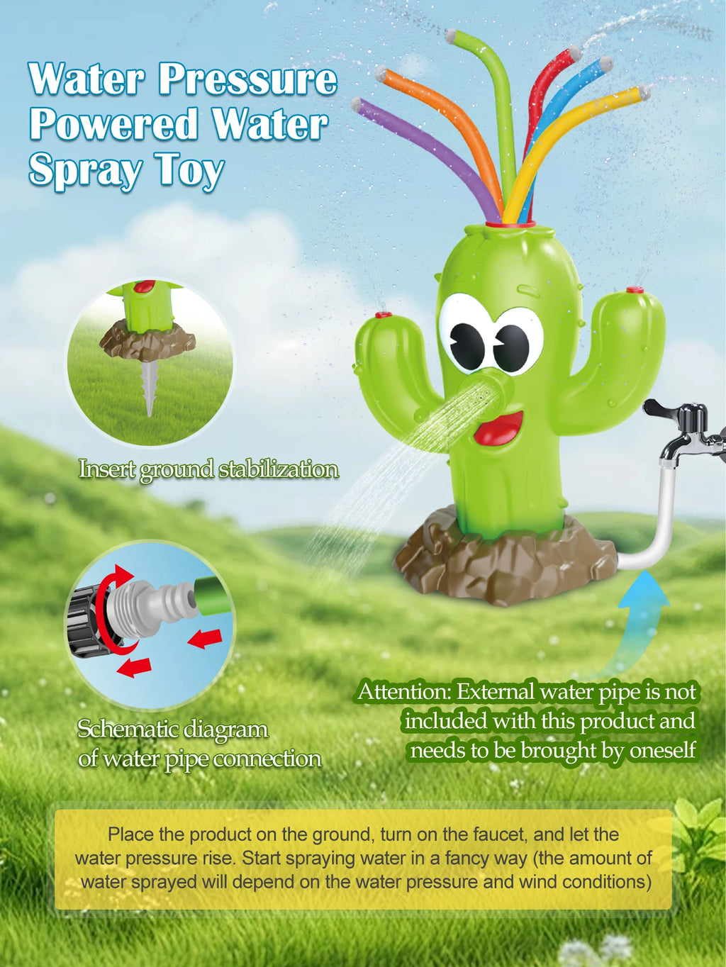 Cactus Sprinkler Outdoor Water Spray Toys, Summer Outside Backyard for Kids Playing Water Games Sprinkler Set Gifts
