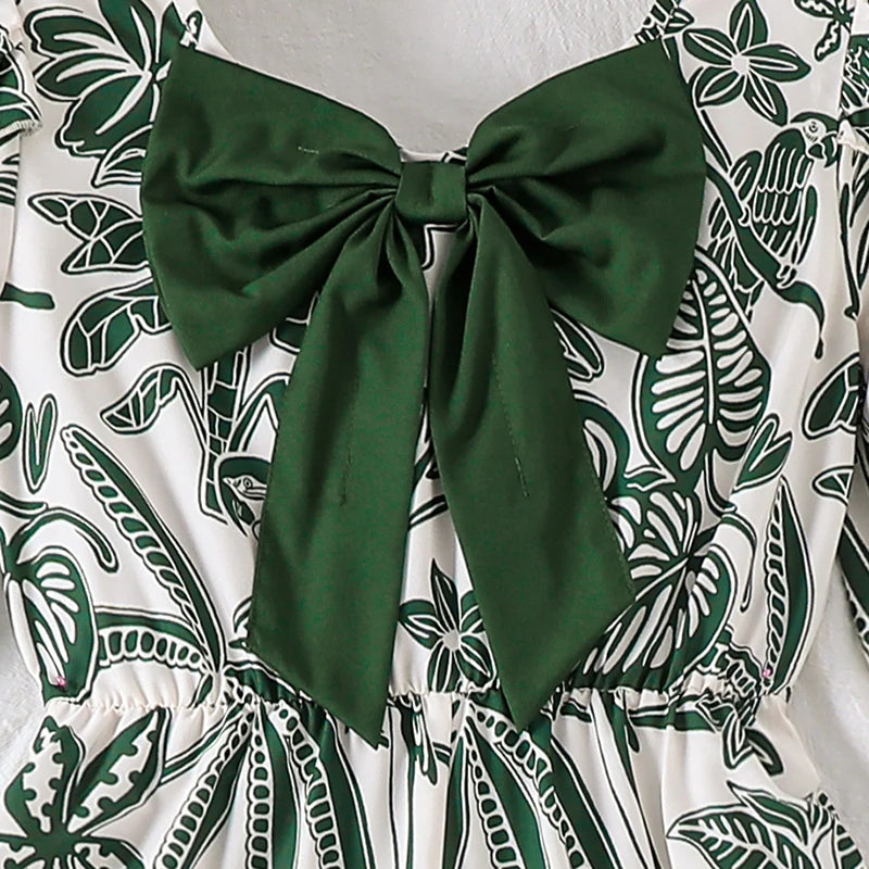 Teen Girls Botanical Print Jumpsuit, Back Big Bow Flared Cuff High Waist Loose Straight Long Casual Playsuit