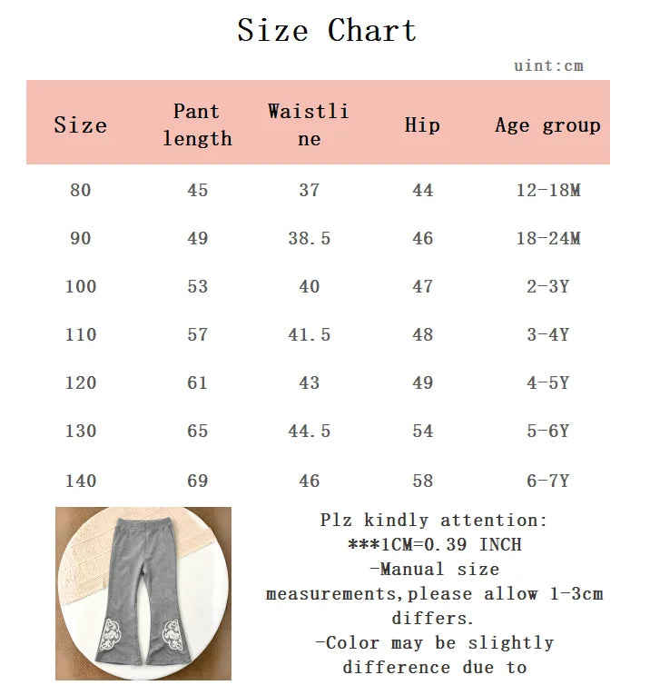 Girls' Bell bottom Pants Solid color Elastic Waist Embroidered Bell Bottom Pants 1-8 Years Girls' Fashionable Versatile Pants