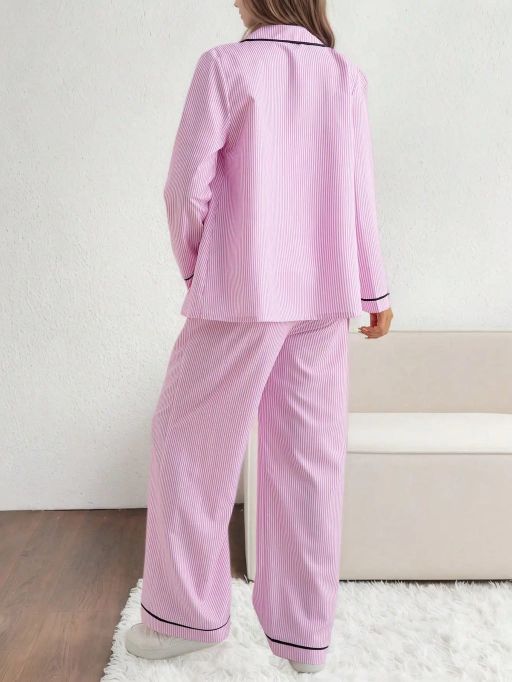 Women's Lounge Pajamas Pink Striped Long Sleeve Button Down Top and Drawstring Pants Two Piece Set for Cozy Home Lounging