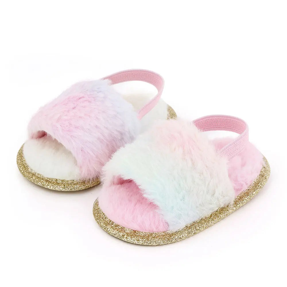 Spring Winter Fashion Multicolor Faux Fur Baby Girl Slipper Non-slip Newborn Cute Infant Toddler Crib Dress Shoes First Walkers