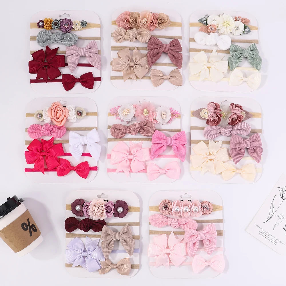 Sweet Elastic Headbands for Baby Girl New Bowknot Knit Nylon Headbands 5Pcs/set Pretty Flower Hairbands Decoration Headwear