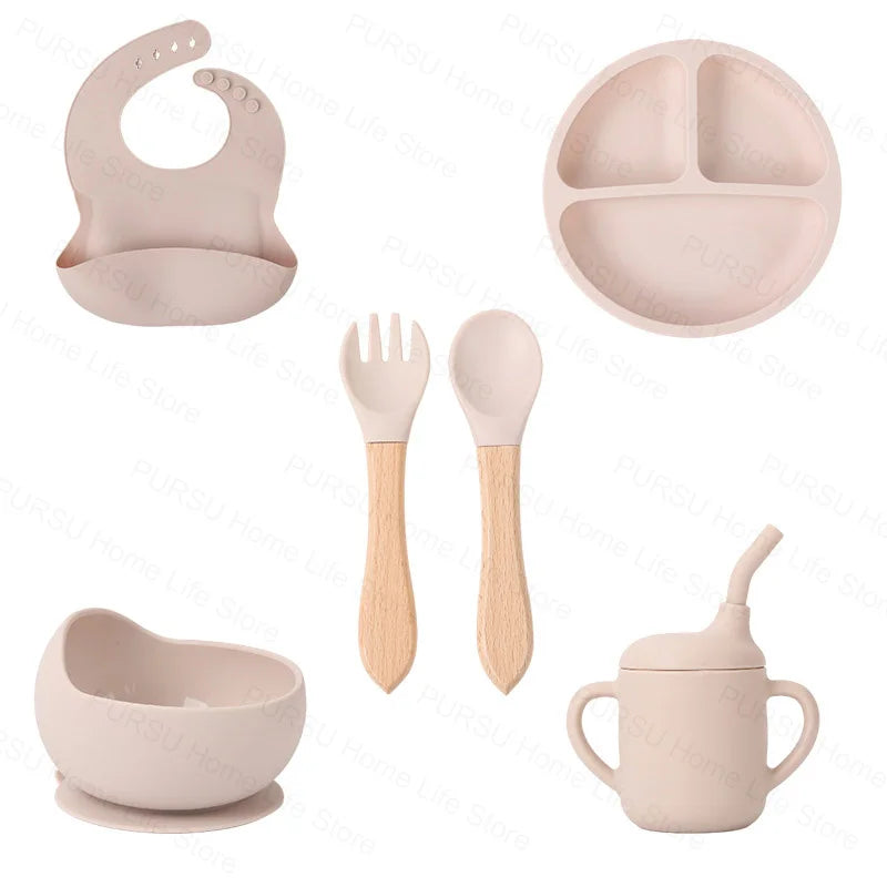 5/6Pcs Silicone Tableware For Kids Baby Feeding Sets Childrens Meal Training Set Bowls Plates Spoons Forks Bibs Cups
