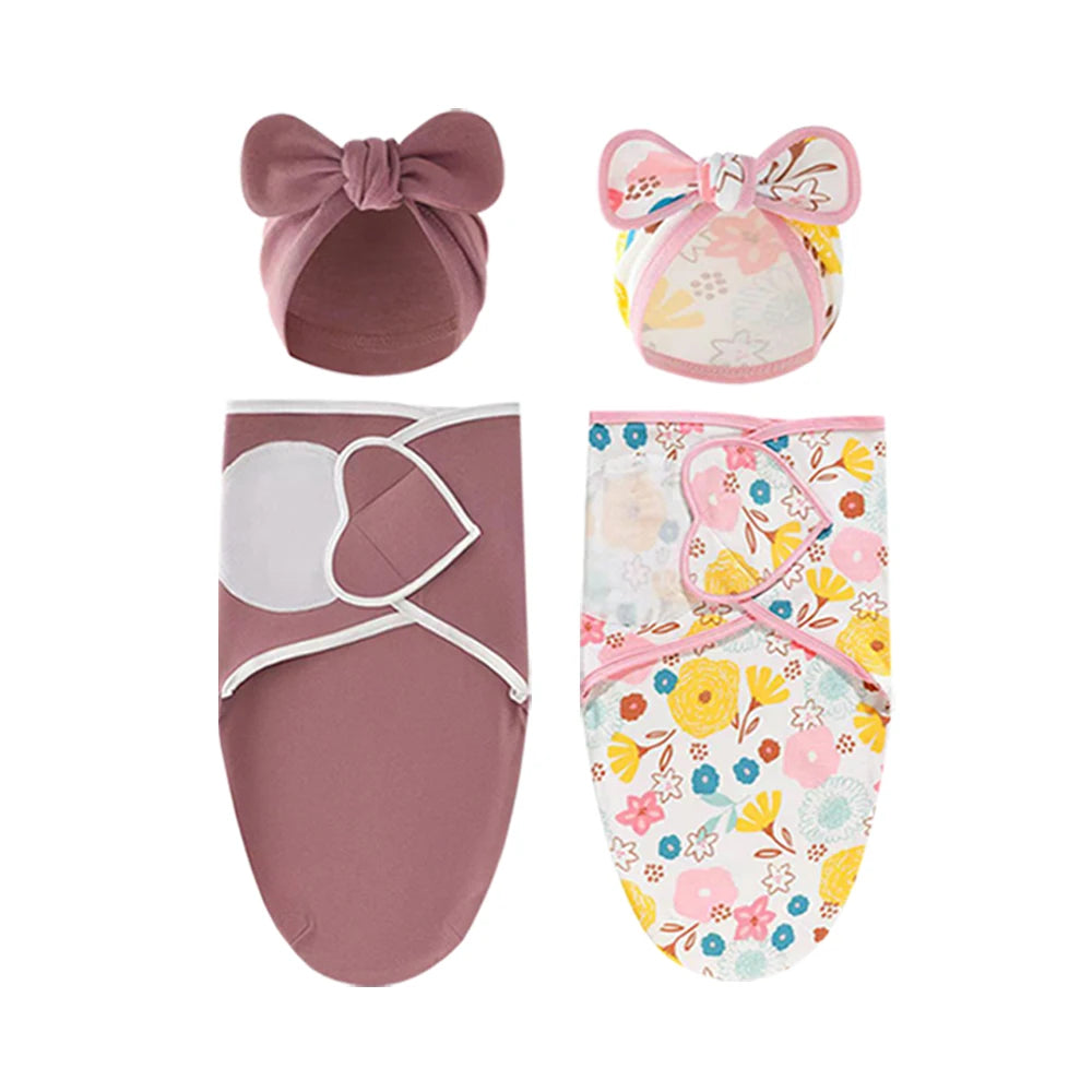 Baby Blanket Hat Set Cartoon Printed Cotton Newborn Swaddle Adjustable Infant Sleeping Swaddle Wraps All Seasons 0-6 Months