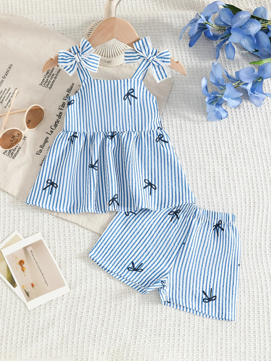 Baby Girl Summer 2PCS Set Blue White Striped Sling Bodysuit Shorts 3D Bow Cute Soft Outfit