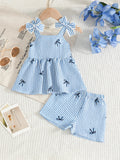Baby Girl Summer 2PCS Set Blue White Striped Sling Bodysuit Shorts 3D Bow Cute Soft Outfit