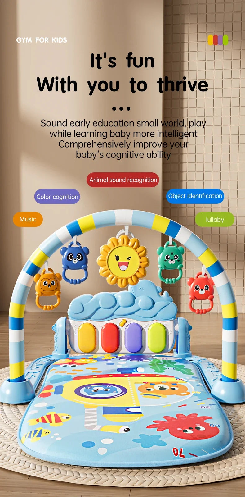 Baby Activity Play Mat with Music & Lights, 5 Detachable Sensory Toys Kick Piano Mat, Tummy Time Game Playmat