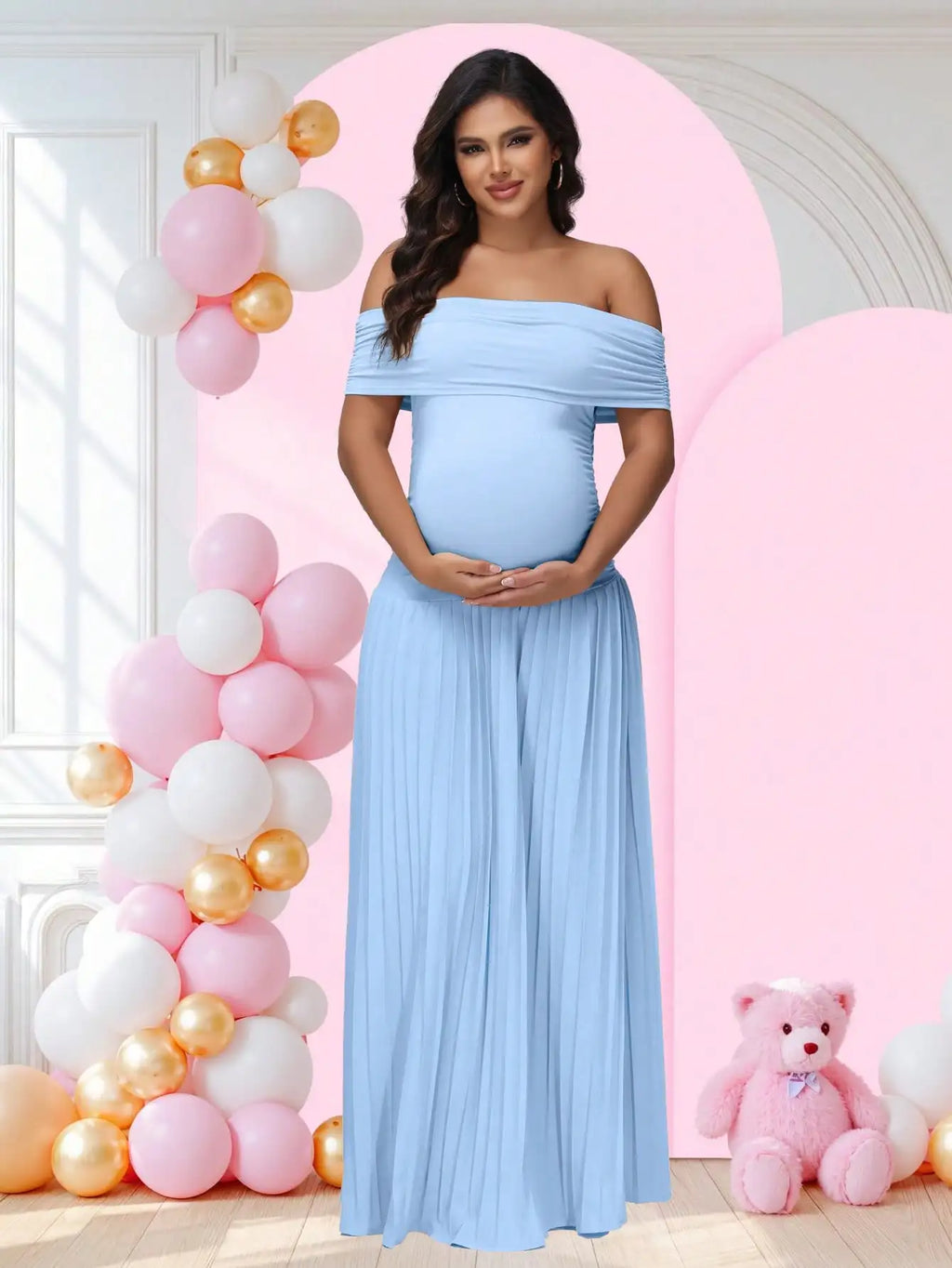 Maternity Off-Shoulder Bodycon  Backless Summer Long Dress Pleated  Maxi Gown for Baby Shower Photoshoot