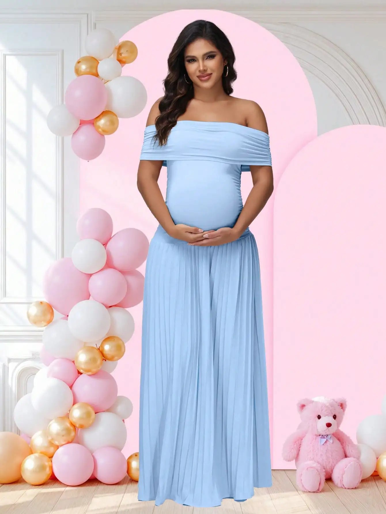 Maternity Off-Shoulder Bodycon  Backless Summer Long Dress Pleated  Maxi Gown for Baby Shower Photoshoot