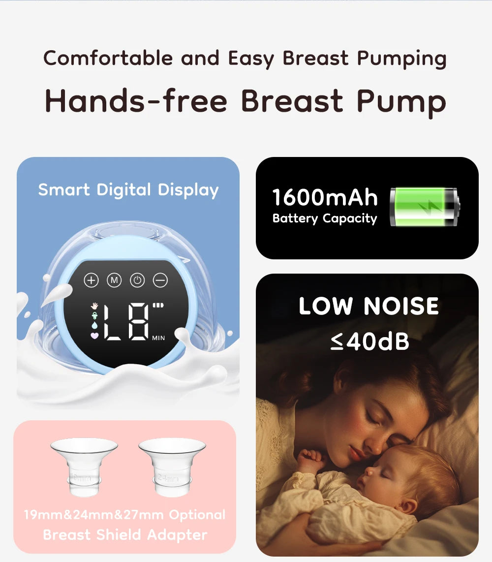 MAMIJOY 2PCS Wearable Electric Breast Pumps 4 Modes＆12 Levels Hands Free Breast Pump 40dB Low Noise Free 19/24mm Flange DEB26D