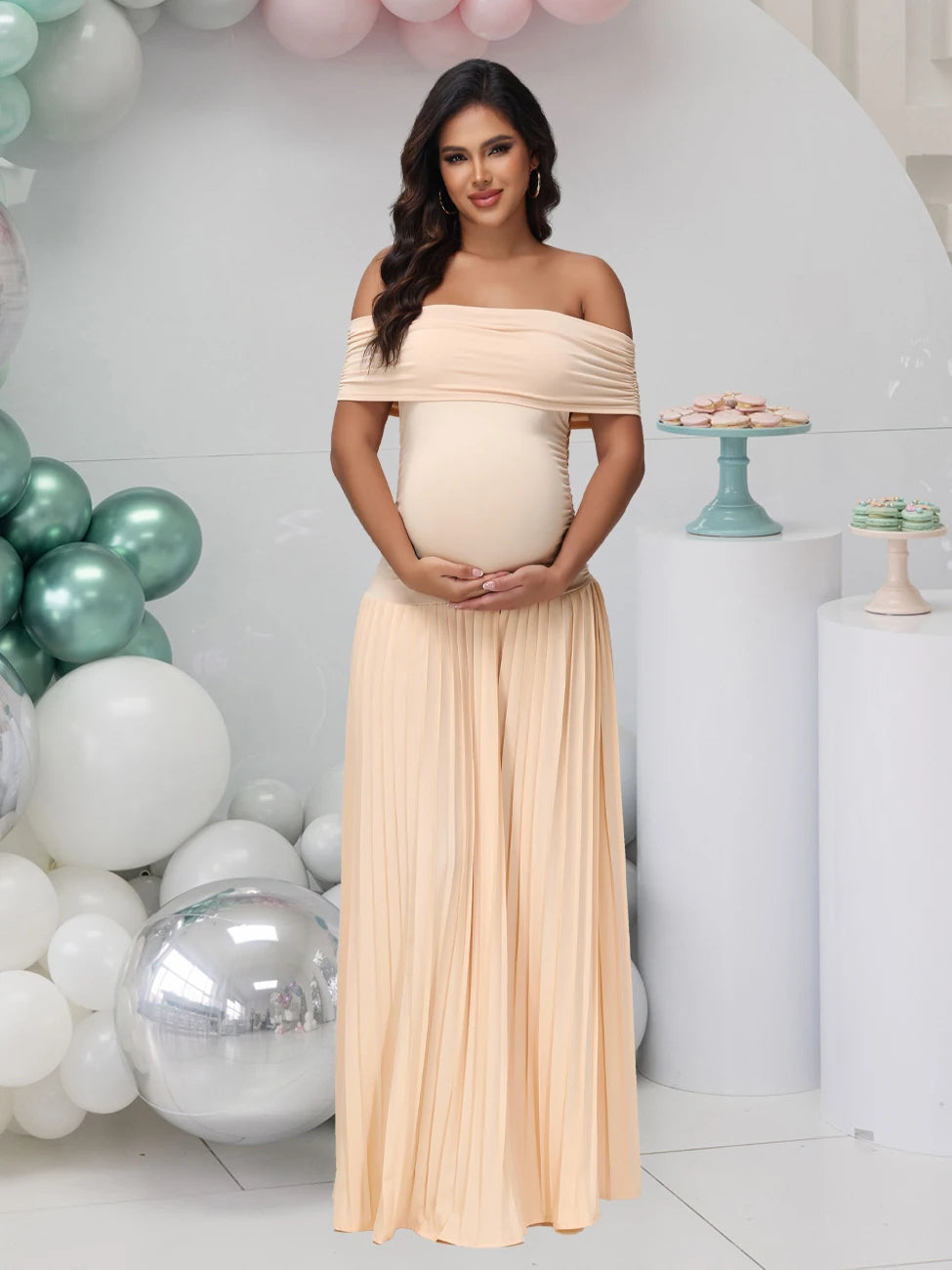 Maternity Off-Shoulder Bodycon Backless Summer Long Dress Pleated Maxi Gown For Baby Shower Photoshoot Model 01