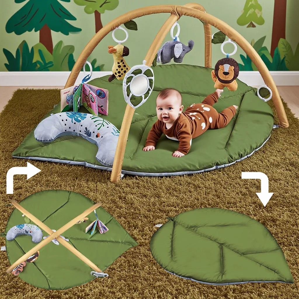 Baby Activity Gym Play Mat Leaf Shaped Crawling Rug with Mirror Sensory Hanging Toys Cloth Book Tummy Time Pillow 0-18M